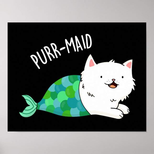 Purr-maid Funny Kattunge Sjöjungfru Pun Mörk BG Poster (Framsidan)