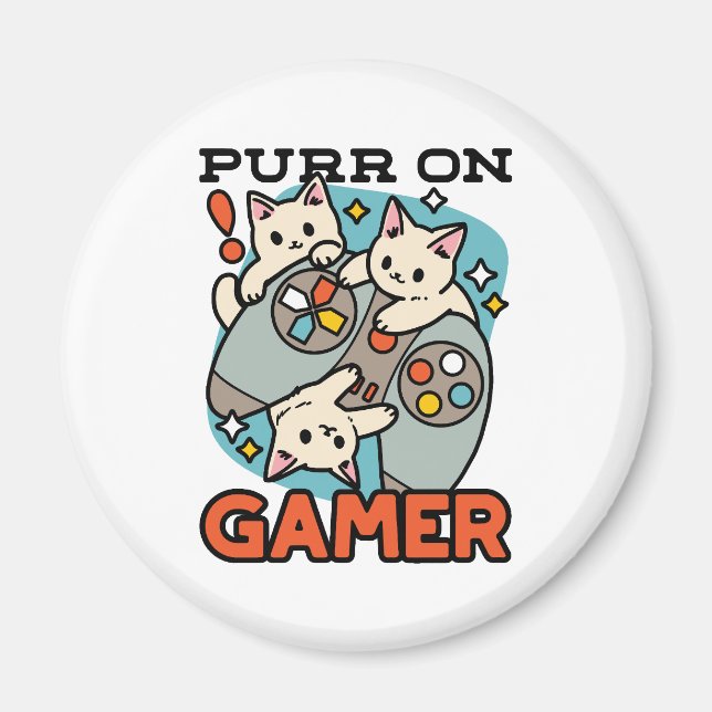 Purr On Gamer - Tute Cat-speldesign Magnet (Framsidan)