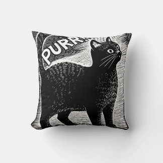 PURR! Vintage Black Cat Woodcut Style Kudde