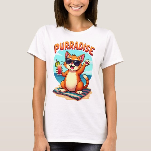 Purradise - Coole Katze am Strand T Shirt (Framsida)