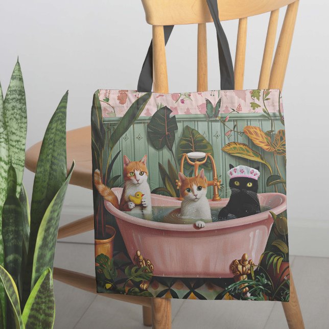 Purrar och bubblor: en kattstastisk badscen tygkasse (Style up with this kitschy, tote bag, bursting with vibrant colors and playfulness)