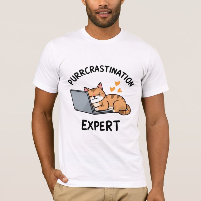 Purrcrastination Expert Cat Art T Shirt (Framsida)