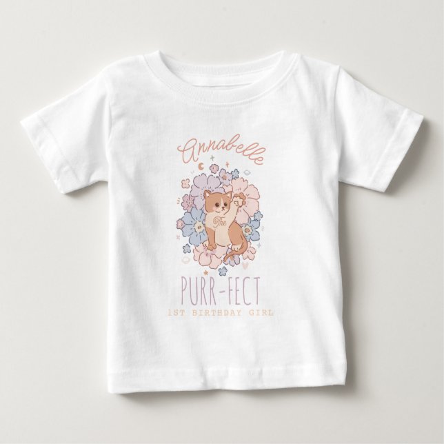 PurrFect 1:a födelsedag Flicka Kattunge Blommigt T Shirt (Framsida)