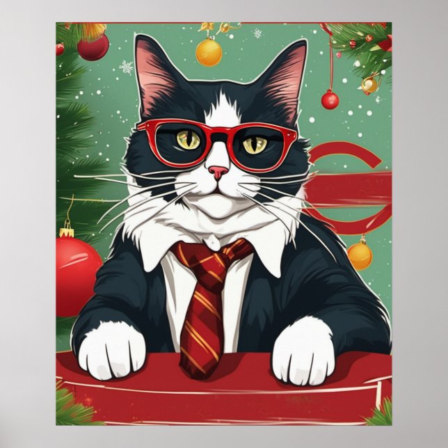 Purrfect Cat in Kostym Funny Digital Art, jul Poster (Framsidan)