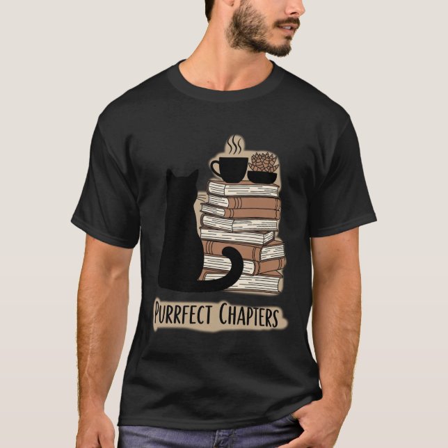 Purrfect Chapters: Black Cat, Books, & Coffee T Shirt (Framsida)