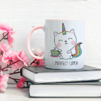 Purrfect Cuppa Söt Kawaii Caticorn Rosa Karikatyr