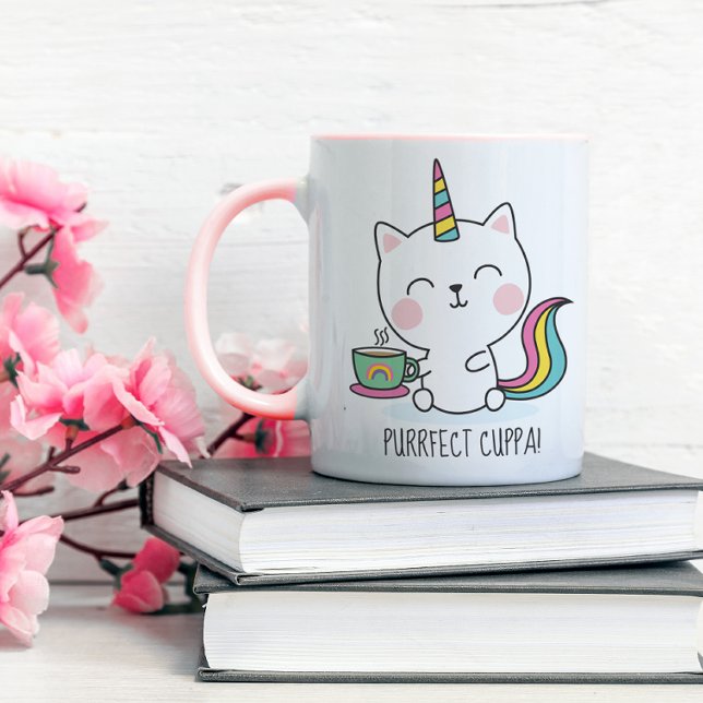 Purrfect Cuppa Söt Kawaii Caticorn Rosa Karikatyr Mugg (Skapare uppladdad)
