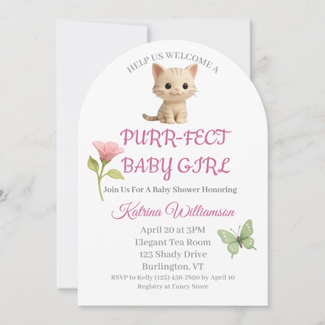 PurrFect Flicka Kitten Baby Shower Inbjudningar (Framsida)