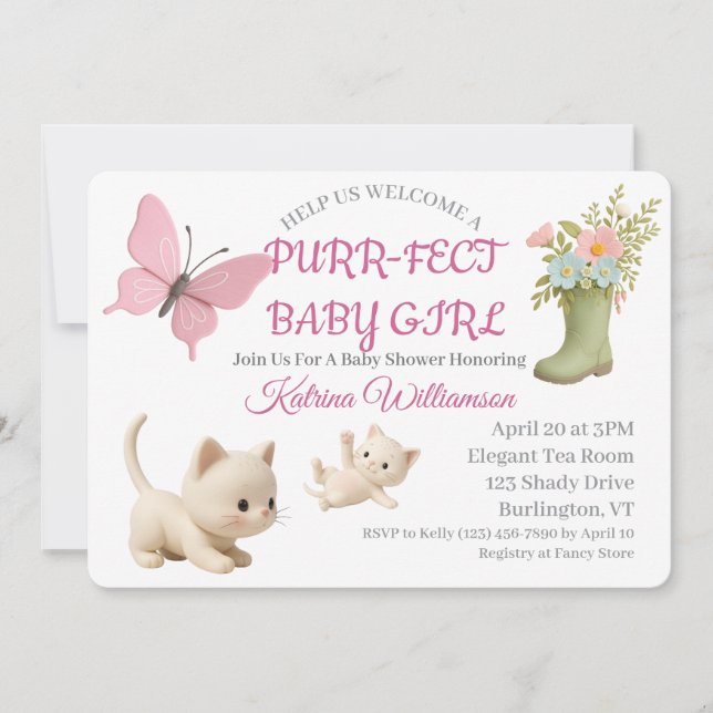 PurrFect Flicka Kitten Baby Shower Inbjudningar (Framsida)
