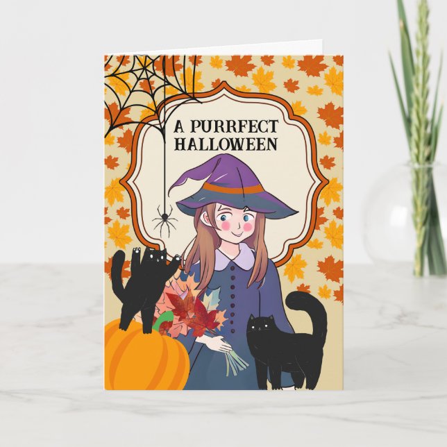 Purrfect Halloween Cute Witch med katter och spide Kort (Framsida)