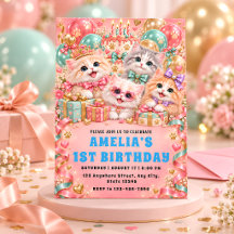 Purrfect Kitten First Birthday Party Invitation