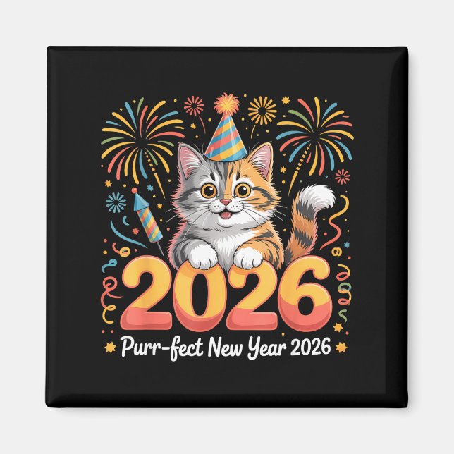 Purrfect New Year 2026 Cute Cat Fireworks Celebrat Magnet (Framsidan)