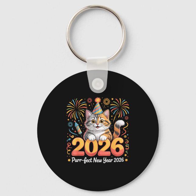 Purrfect New Year 2026 Cute Cat Fireworks Celebrat Nyckelring (Framsida)