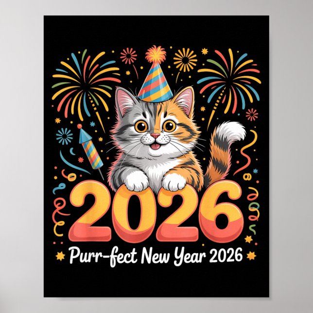 Purrfect New Year 2026 Cute Cat Fireworks Celebrat Poster (Framsidan)