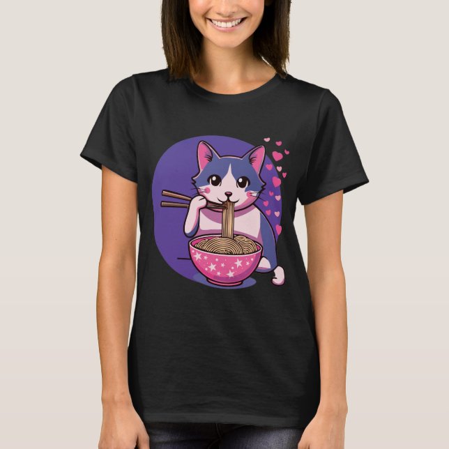 Purrfect Ramen Kärlek: Cat & Noodles Tee T-Shirt (Framsida)