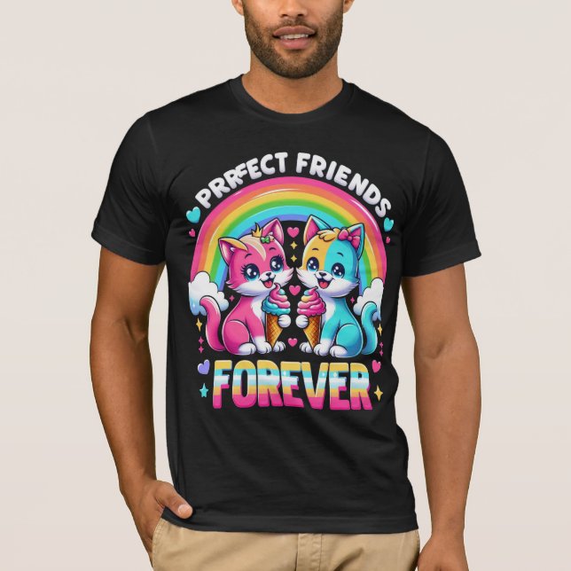 Purrfect-vänner för Cute Cat Rainbow T Shirt (Framsida)