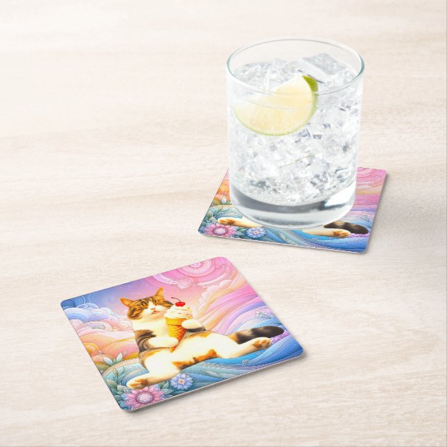 Purrfectly Asleep – Cat Holding Ice Cream Cone Underlägg Papper Kvadrat (Insitu)