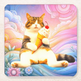 Purrfectly Asleep – Cat Holding Ice Cream Cone Underlägg Papper Kvadrat