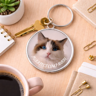 Purrfekt Följeslagare Anpassad Husdjursfoto Kattäl Rund Silverfärgad Nyckelring