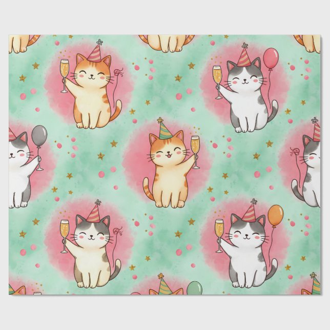 Purrfekt Kattparty – Festlig Firande Mönster Presentpapper (Platt)