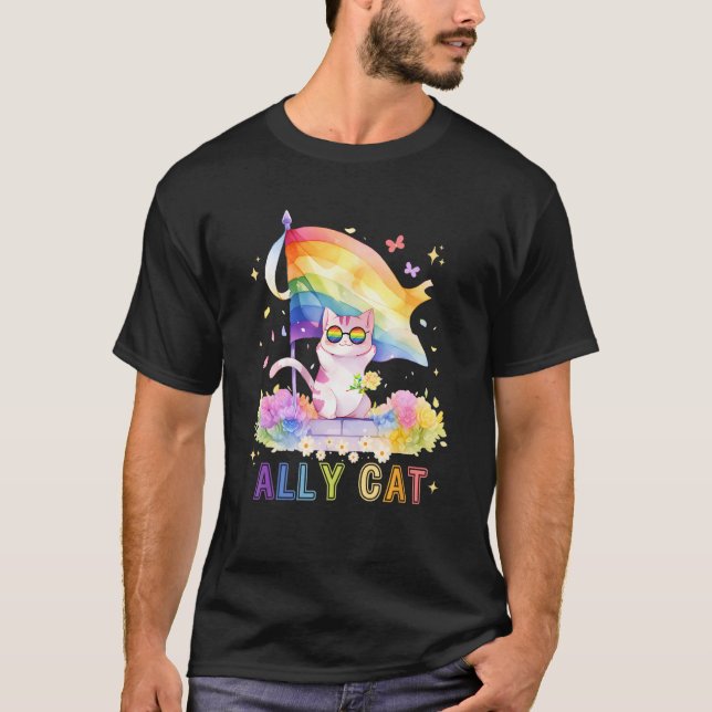 Purride LBGT Proud Ally Cat Rainbow Flag  LGBTQ Pr T Shirt (Framsida)
