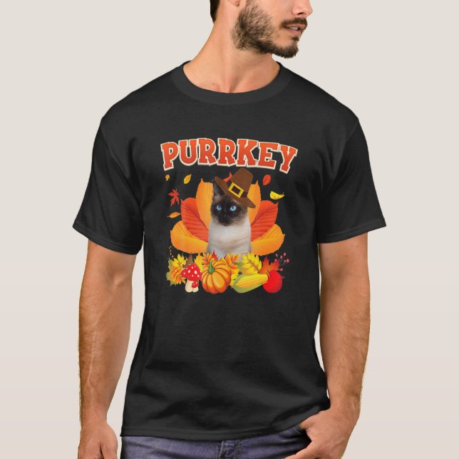 Purrkey Siamese Cat Urkey Hanksgiving Fall Pumpkin T Shirt (Framsida)