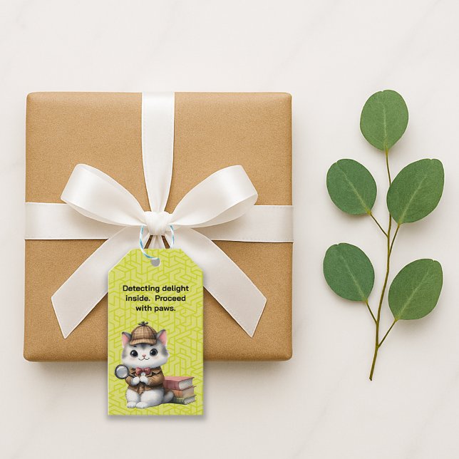 Purrlock Holmes Kisse Presentetikett (Adorable detective cat with books and fun saying gift tag in situ)