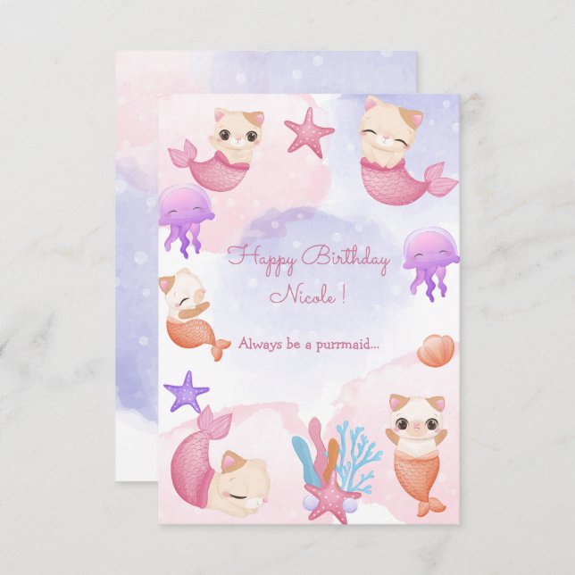 Purrmaid cat sjöjungfru gullflicka grattis på föde kort (Fram/baksida)