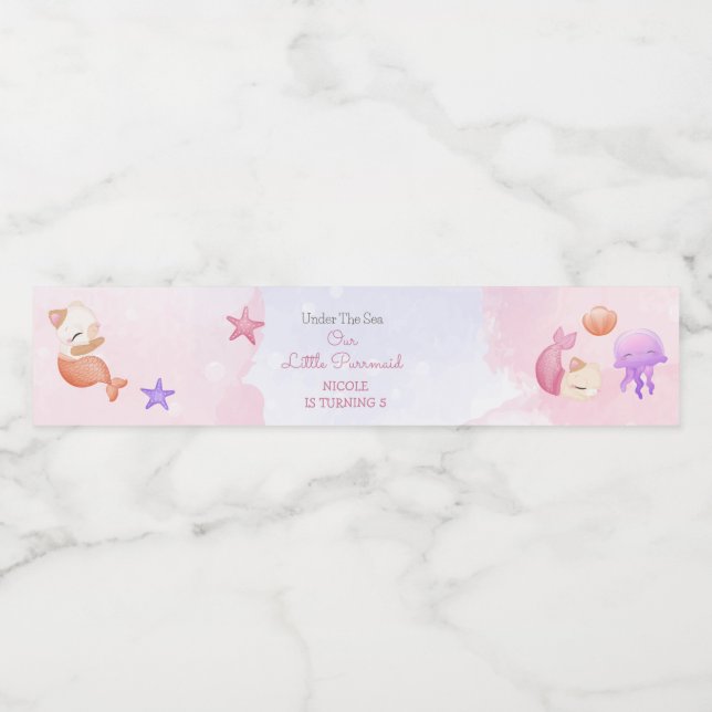 Purrmaid cat sjöjungfru söt flickfödelsedag vattenflaska etikett (Singel etikett)