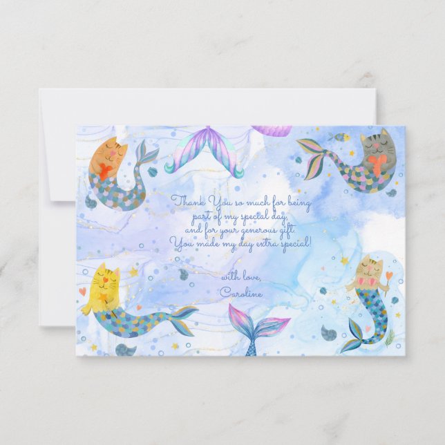 Purrmaid katt sjöjungfru vattenfärg flicka barn fö tack kort (Framsida)