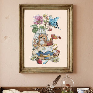Purrmaiden Tekopp med Blommor i Vattenfärg med Whi Poster