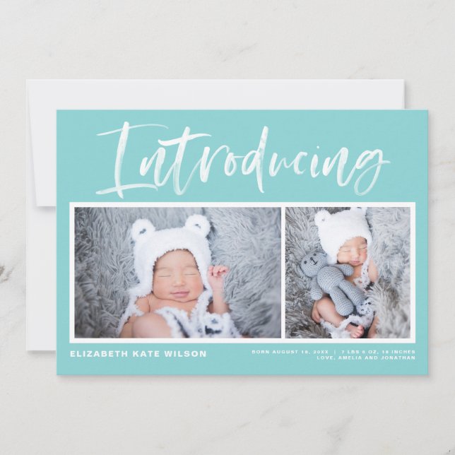 Push Calligraphy Aqua Blue Photo Collage Birth Meddelande (Framsida)