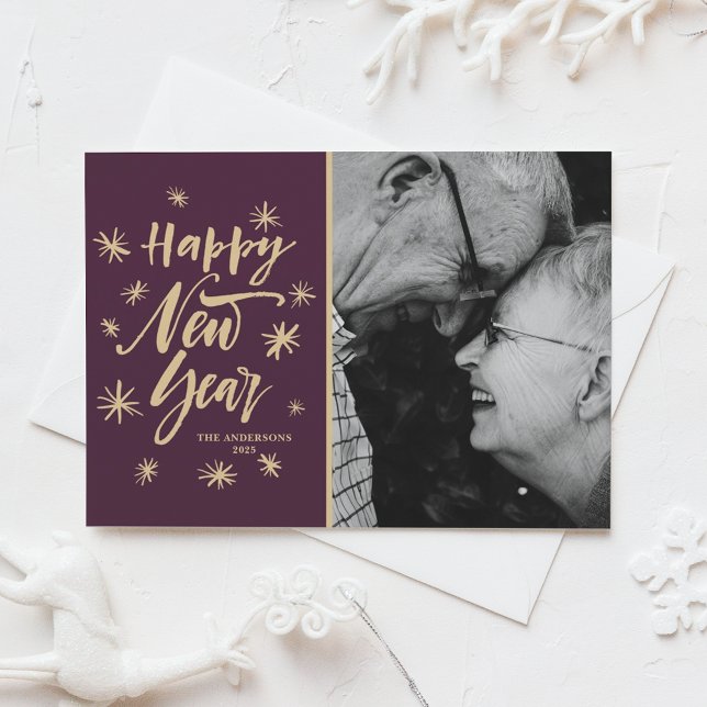 Push Modern Calligraphy Gott nytt år Photo Julkort (Brush Modern Calligraphy Happy New Year Photo Holiday Card)