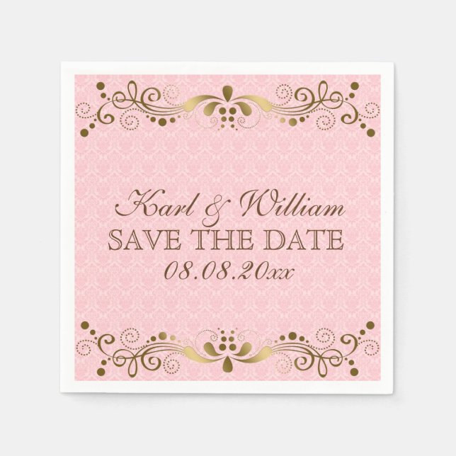 Push Rosa Damasker & Guld Snöre Pappersservett (Framsidan)