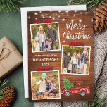 Push Script Play Craft Tape Lastbil Wood Ljus Julkort<br><div class="desc">Modern Push Script God jul 3 Photo Collage Helgdag Card innehåller Red Play Tape och Watercolor Vintage Red Lastbil med Julgran. Rustic Land Wood med String Ljus.</div>