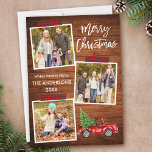 Push Script Play Craft Tape Wood Lastbil jul Julkort<br><div class="desc">Modern Push Script God jul 3 Photo Collage Helgdag Card innehåller Red Play Tape och Watercolor Vintage Red Lastbil med Julgran. Rustic Land Wood.</div>