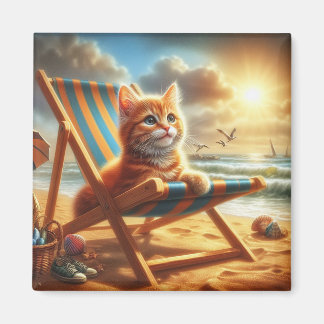 Puss Cat på en strand, söt katt Magnet
