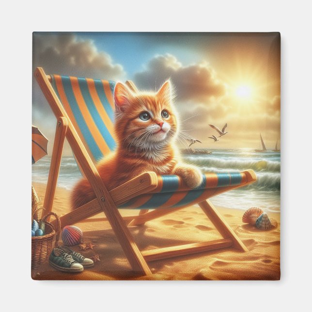 Puss Cat på en strand, söt katt Magnet (Framsidan)