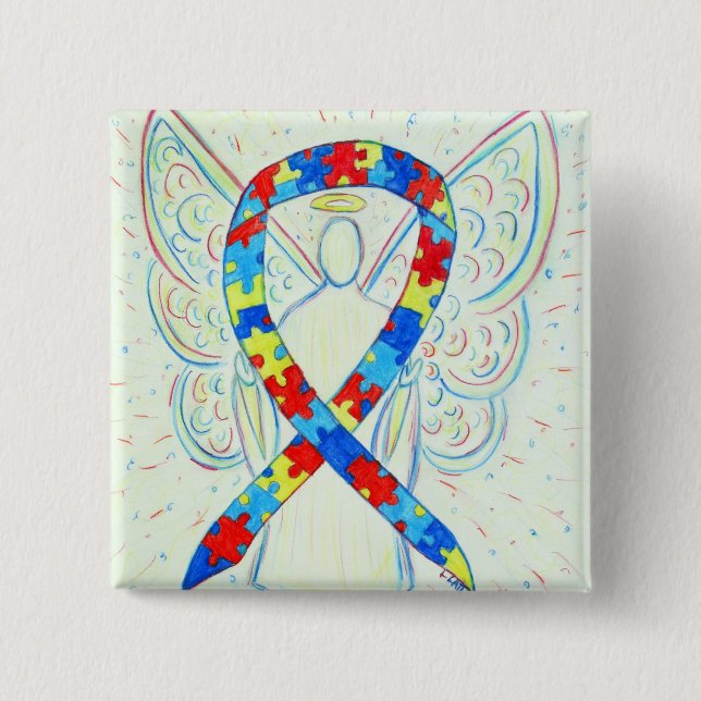 Pussel Angel Autism Awareness Ribbon Art Stift Knapp (Framsida)