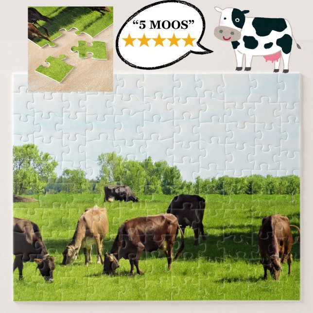 Pussel - bruna kor som betar på grönt betesmark  (Grazing cows jigsaw puzzle)