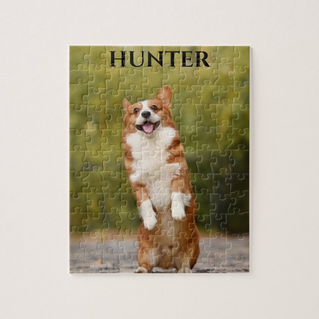 Pussel med Corgi bild och personlig namn. (Vertikal)