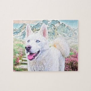 Pussel med vit siberian husky