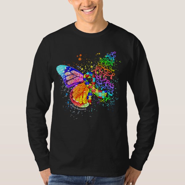 Pussel Ribbon Autism Awareness Drickning Butterfly T Shirt (Framsida)