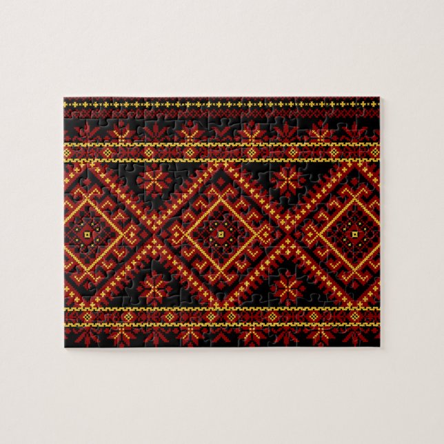Pussel Ukrainsk Korsstygningsbroderi Rött Guld (Horisontell)