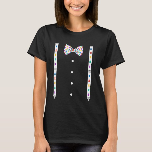Pusselbit Bow Tie Hängslen Autism Medvetenhet M T Shirt (Framsida)