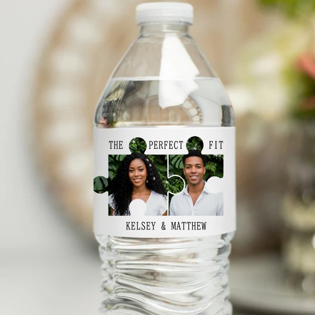 Pusselbit Foto Perfekt Passform Bröllop Vattenflaskor Etikett (Puzzle Piece Photo Perfect Fit Wedding Water Bottle Label
)