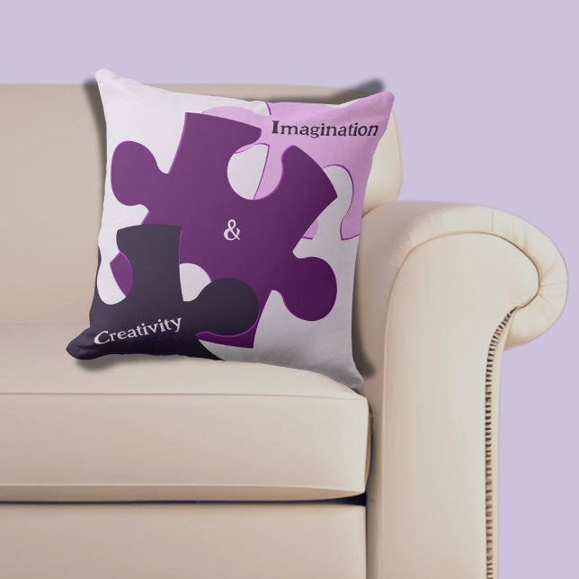 Pusselbitar Lila Rosa Fantasi & Kreativitet Kudde (Purple Pink Imagination & Creativity Puzzle Throw Pillow)