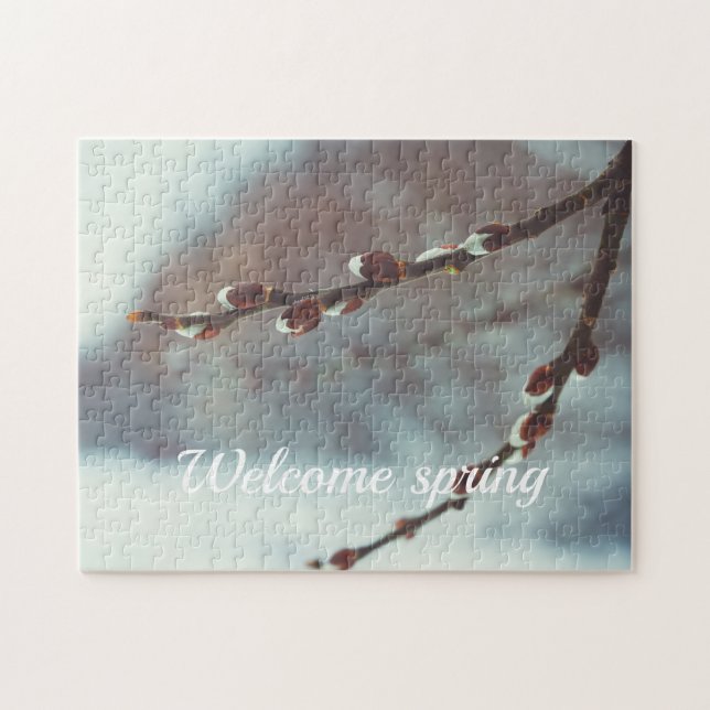 Pussy-idkar grenar med katter på sen vinter pussel (Horisontell)