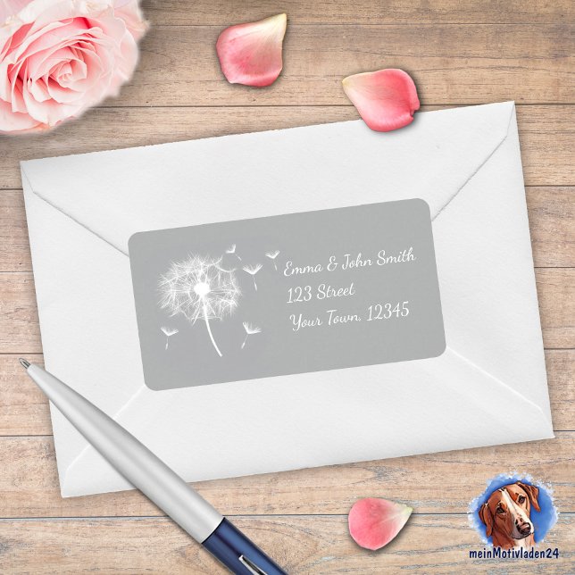 Pusteblume - grau | romantischer  adressetikett (romantischer Adressaufkleber mit filigranen Pusteblumen auf grauem Hintergrund)