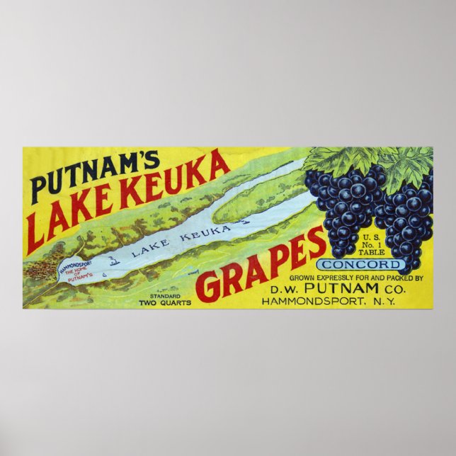 Putnam's Sjö Keuka Concord Grapes Label Poster (Framsidan)